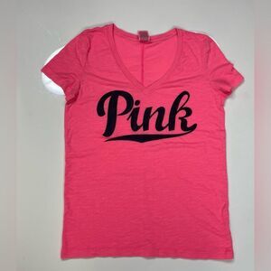 Pink Victoria’s Secret V-neck Graphic Logo T-shirt Women Small Pink